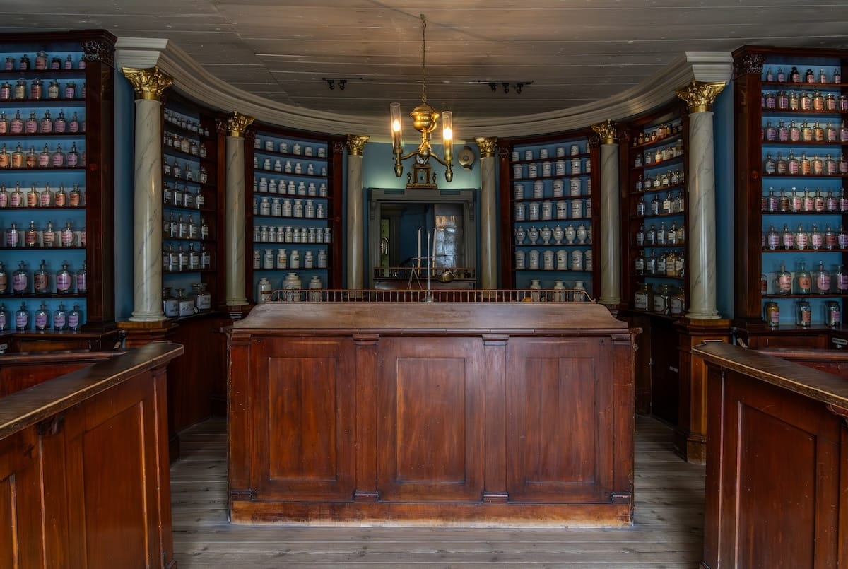 Pharmacy Museum and Qwensel House in Turku, Finland
This is a photo of the inside of the museum with cherry wood interior and many medicine bottles in glass
